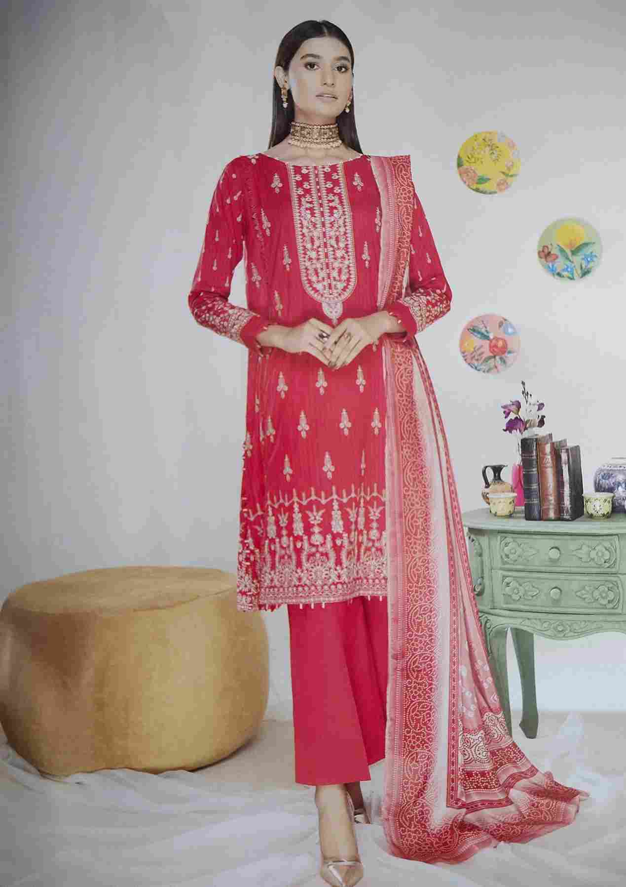 Mishaal rose red embroidered 3 pieces available in Shelai