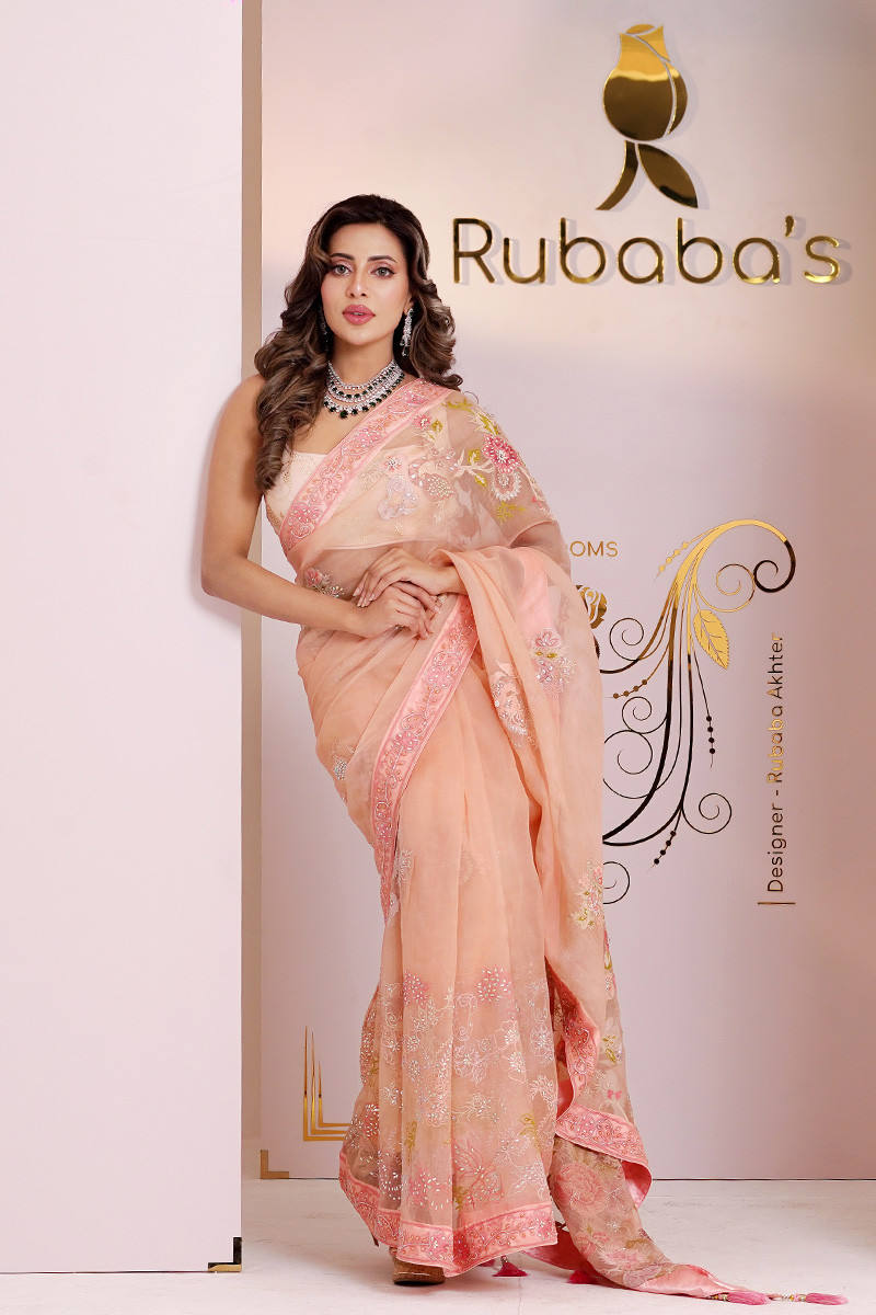 Rubaba's REM2410 Melon Orange Embroidered Muslin Saree Collection 2024