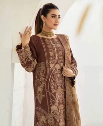 Johra coffee color embroidered swiss voil 3 piece at shelai JH-49