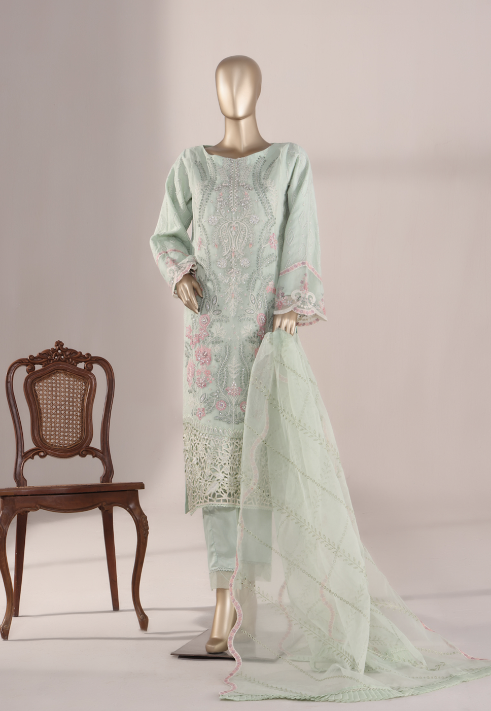 Bin Saeed Stitched Chiffon 3 Piece | S-Green