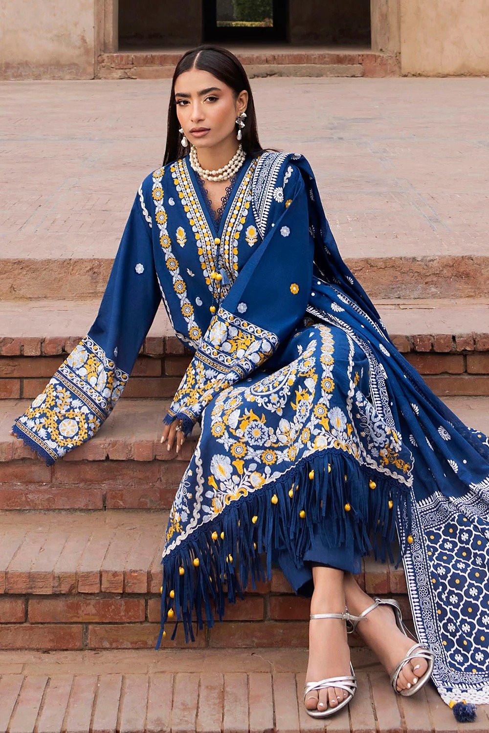 Gul Ahmed Embroidered Lawn Suit with Lacquer Printed Denting Dupatta | SHELAI26081568