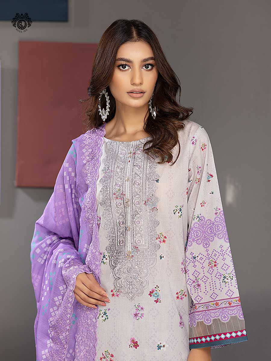 Mahajal Gulljee off white n purple print 3PC in Bd GMH2211A8