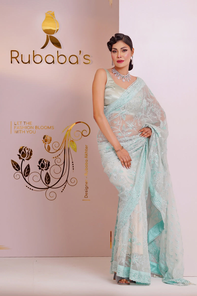Rubaba's REM2408 Light Cyan Embroidered Muslin Saree Collection 2024