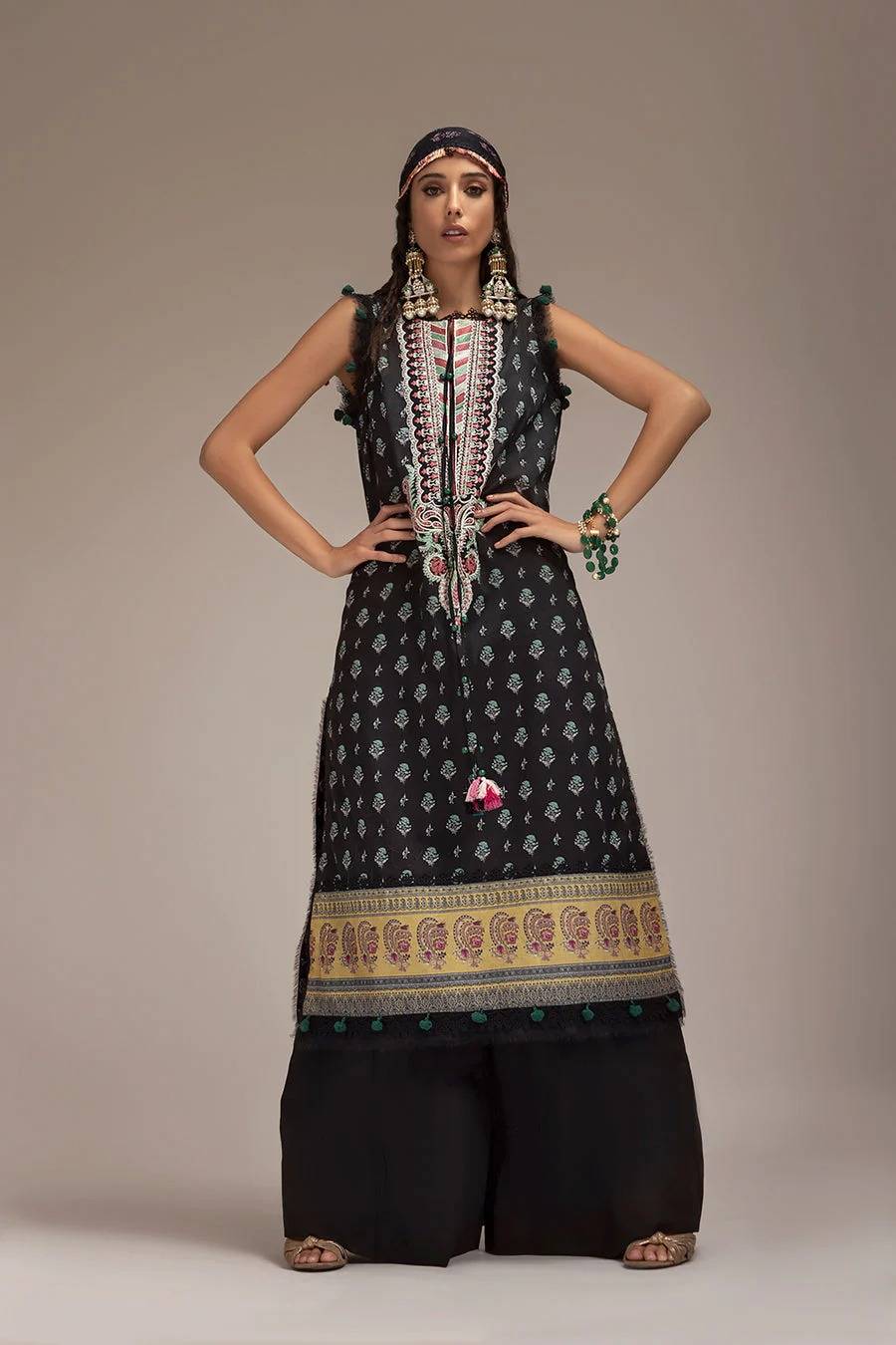 Sobia nazir black SN prints 7B embroidered printed 3pc at Shelai