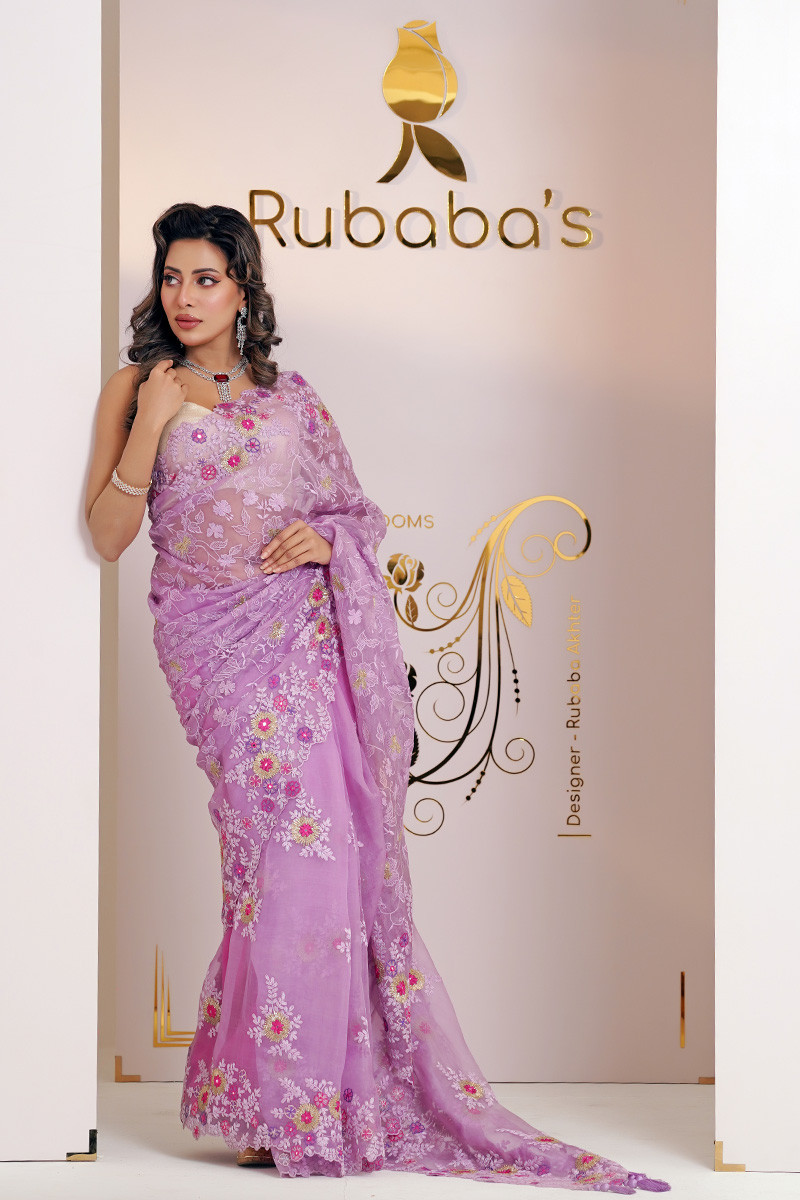 Rubaba's REM2405 Lavender Pink Embroidered Muslin Saree Collection 2024