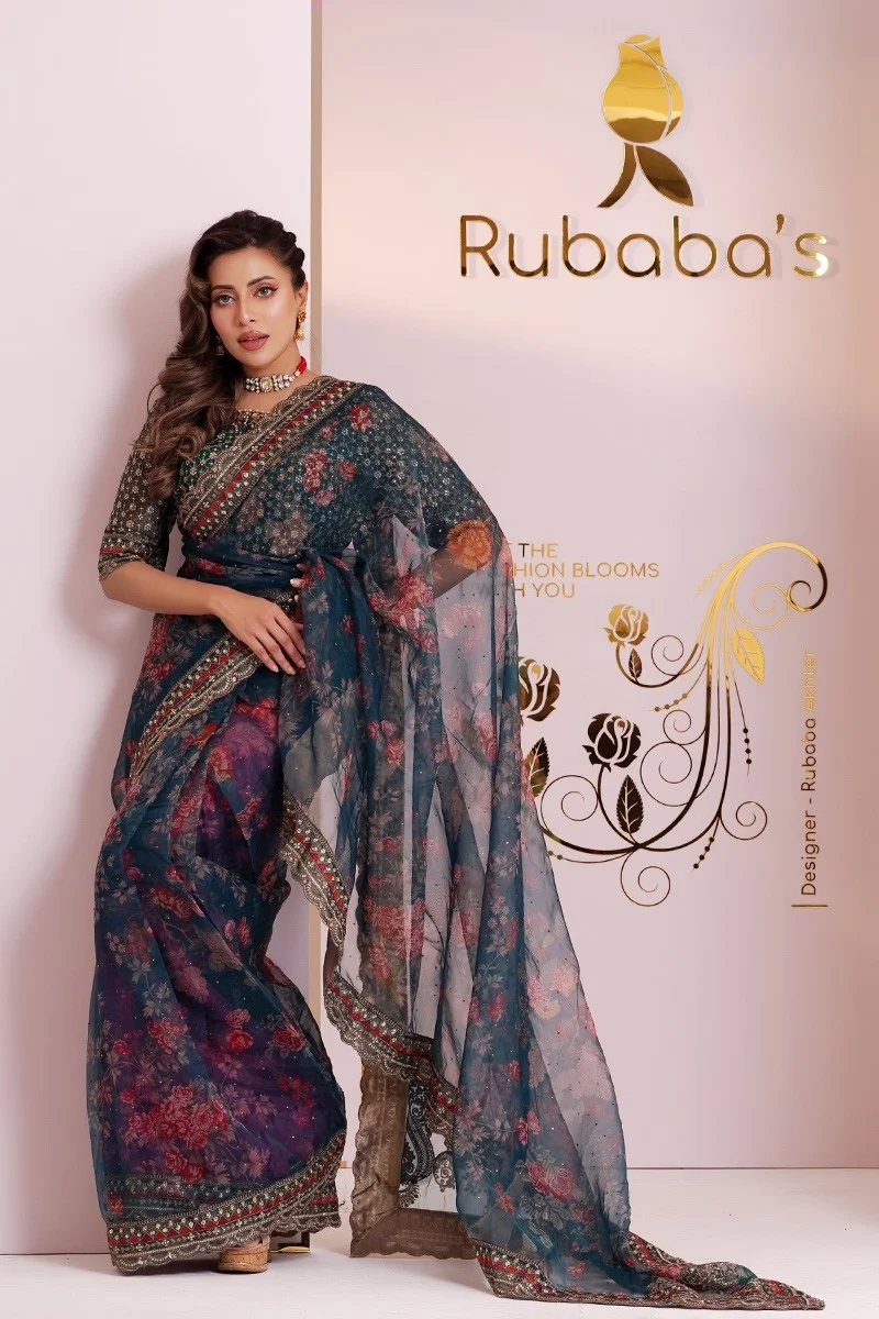 Rubaba's REM2433 Navy Blue All Over Print Embroidered Muslin Saree Collection 2024