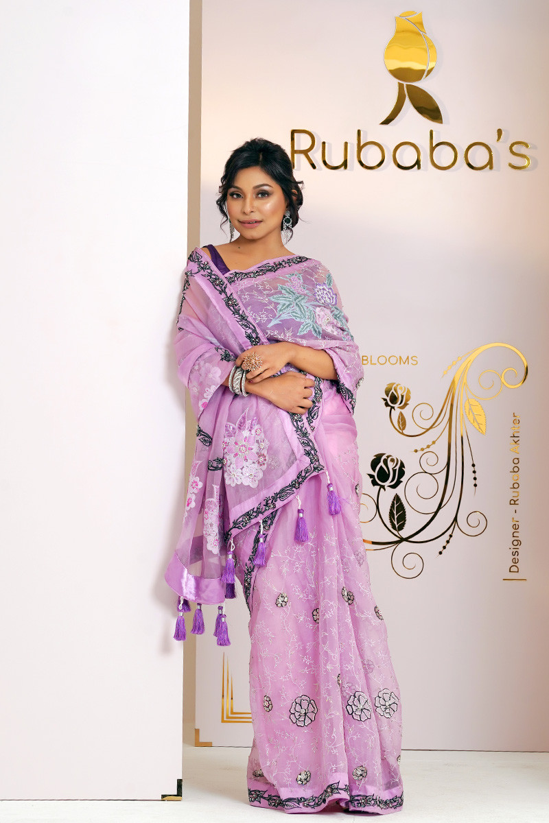 Rubaba's REM2412 Light Lavender Embroidered Muslin Saree Collection 2024
