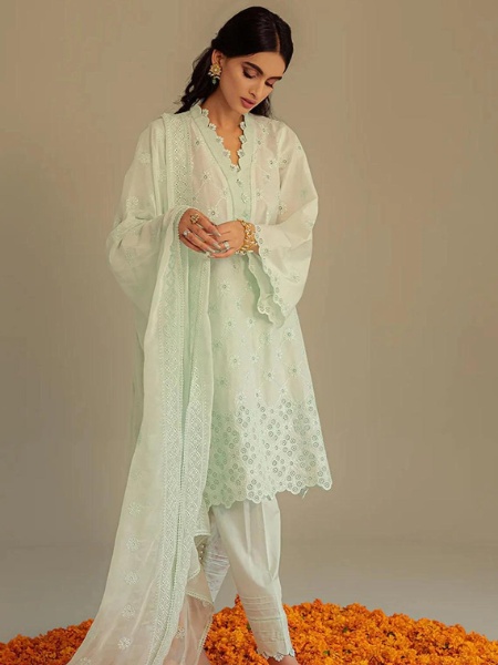 Cross Stitch DUSTY AQUA-Unstitched 3Piece CHIKAN KARI LAWN SUIT