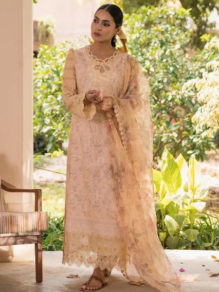 AABYAAN ALARA (AC-05) CHIKANKARI & SEQUIN EMBROIDERED DRESS WITH GOLD ZARI STRIPED ORGANZA DUPATTA