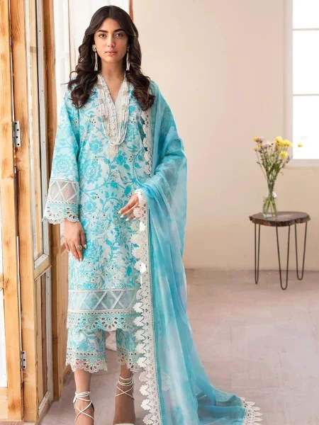 Afrozeh 486-Blue Lagoon-Print Kari Unstitched Lawn '23