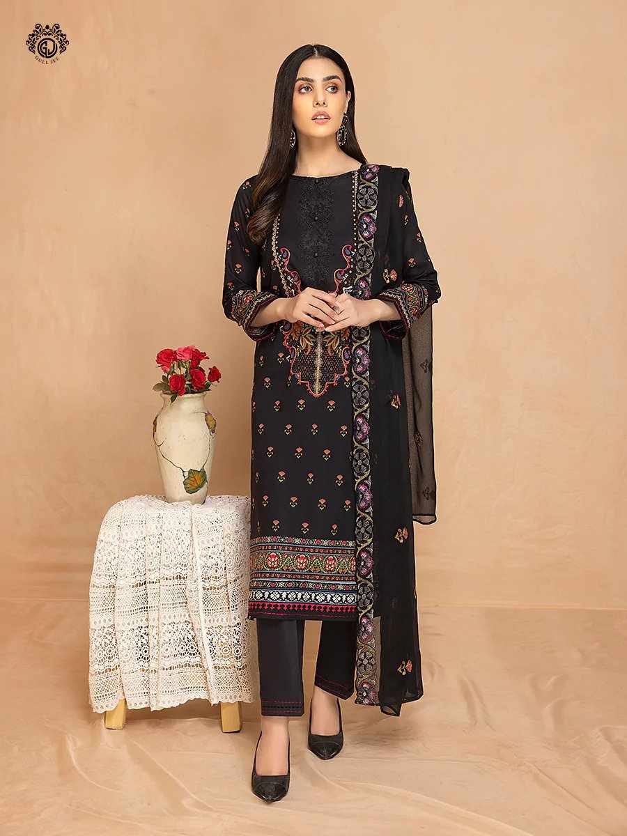 Tehzeeb black printed embroidered 3 pieces available in Shelai