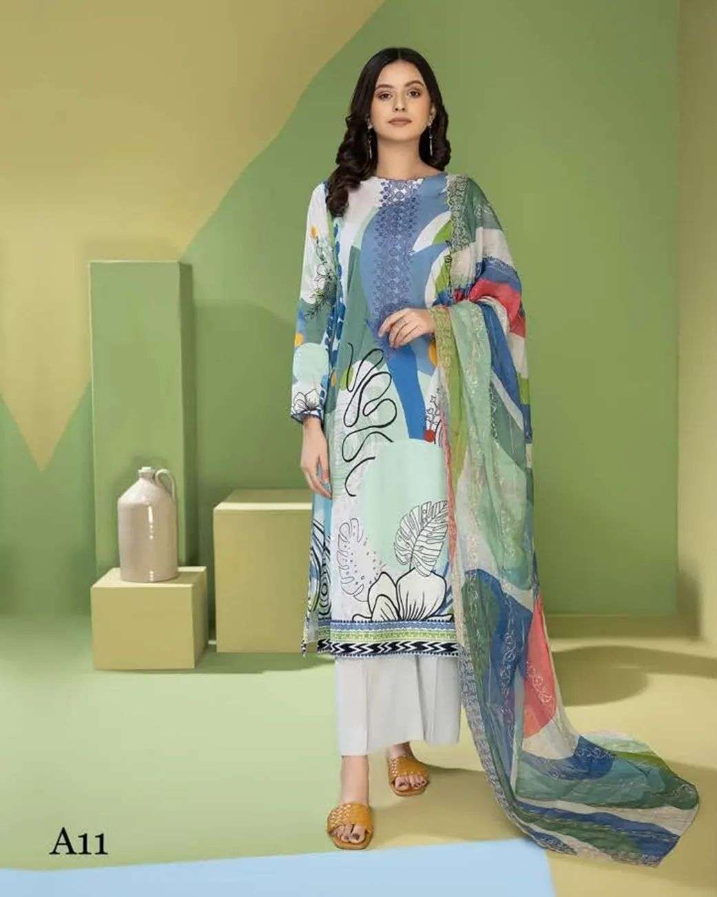 Mahajal white blue mix printed 3 pieces available in Shelai