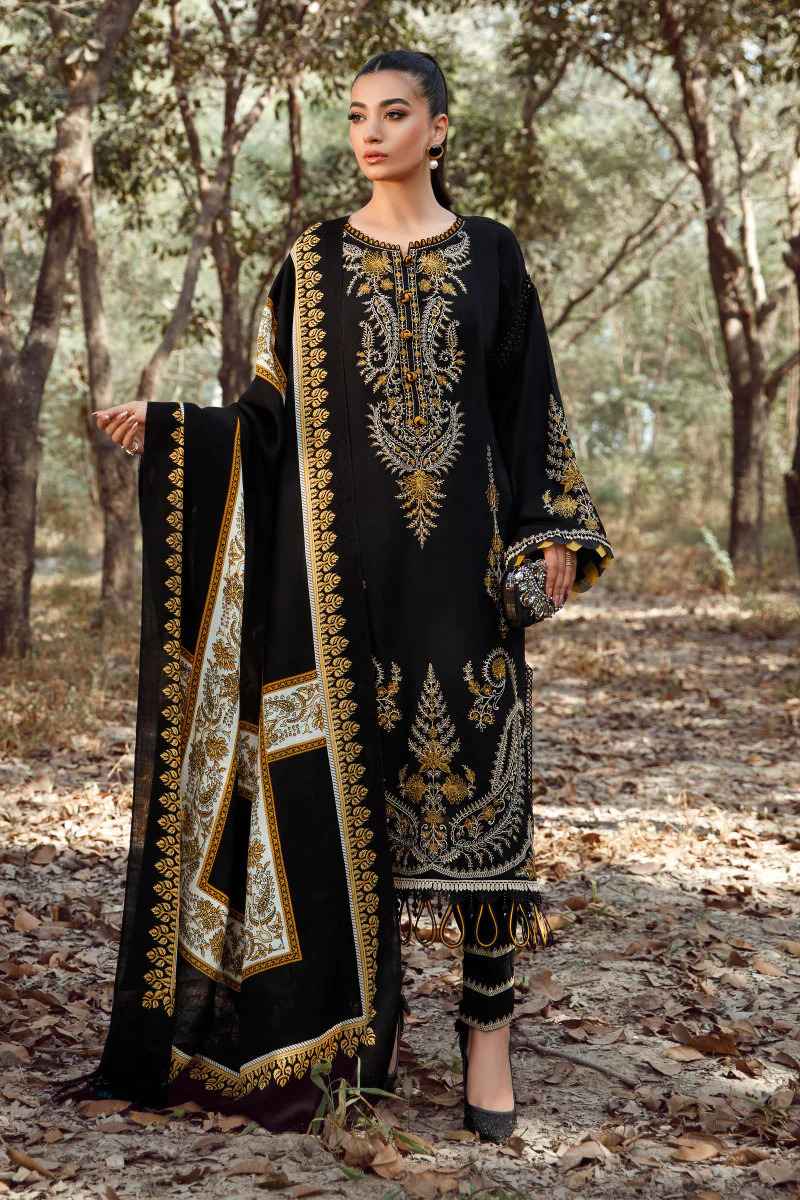 Maria B black unstitched embroidered Shawls linen 3PC in BD 1B