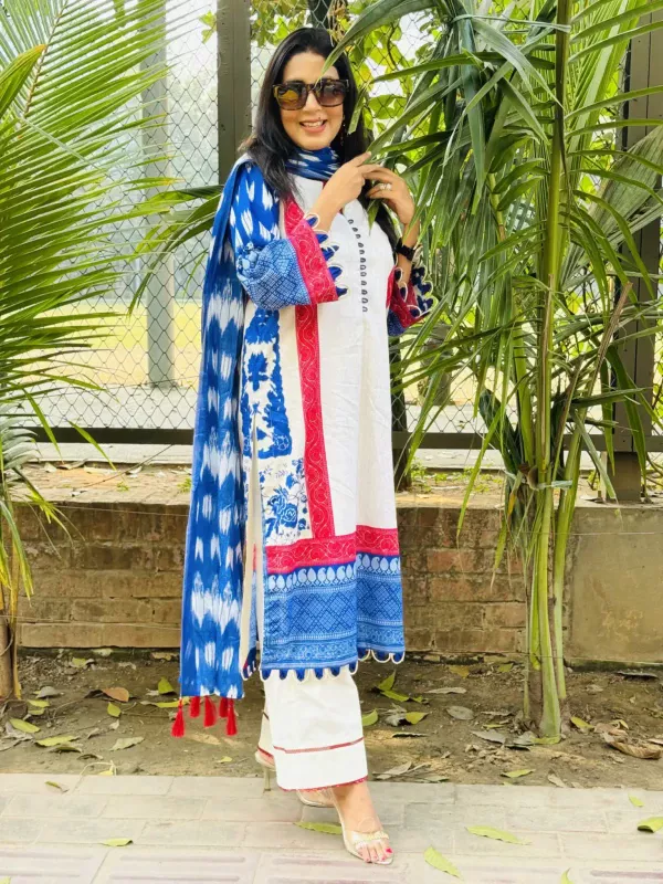 ColorLife White and Blue Cotton Salwar Kameez | SHELAI