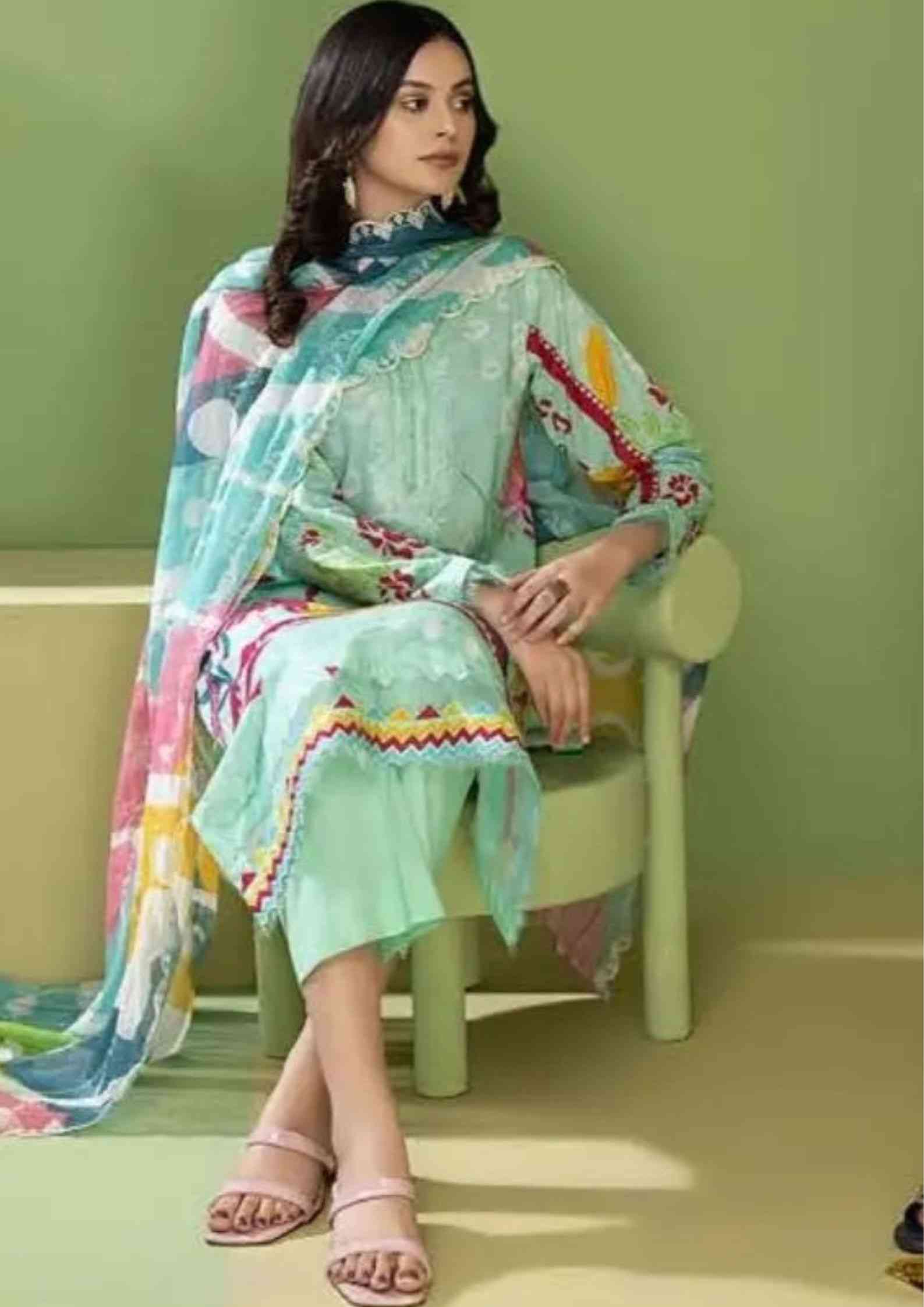Mahajal pastel green printed embroidered 3pc available in Shelai