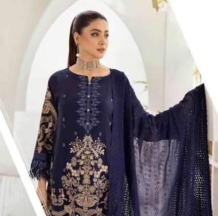 Johra dark blue embroidered swiss voil 3 piece at shelai JH-47