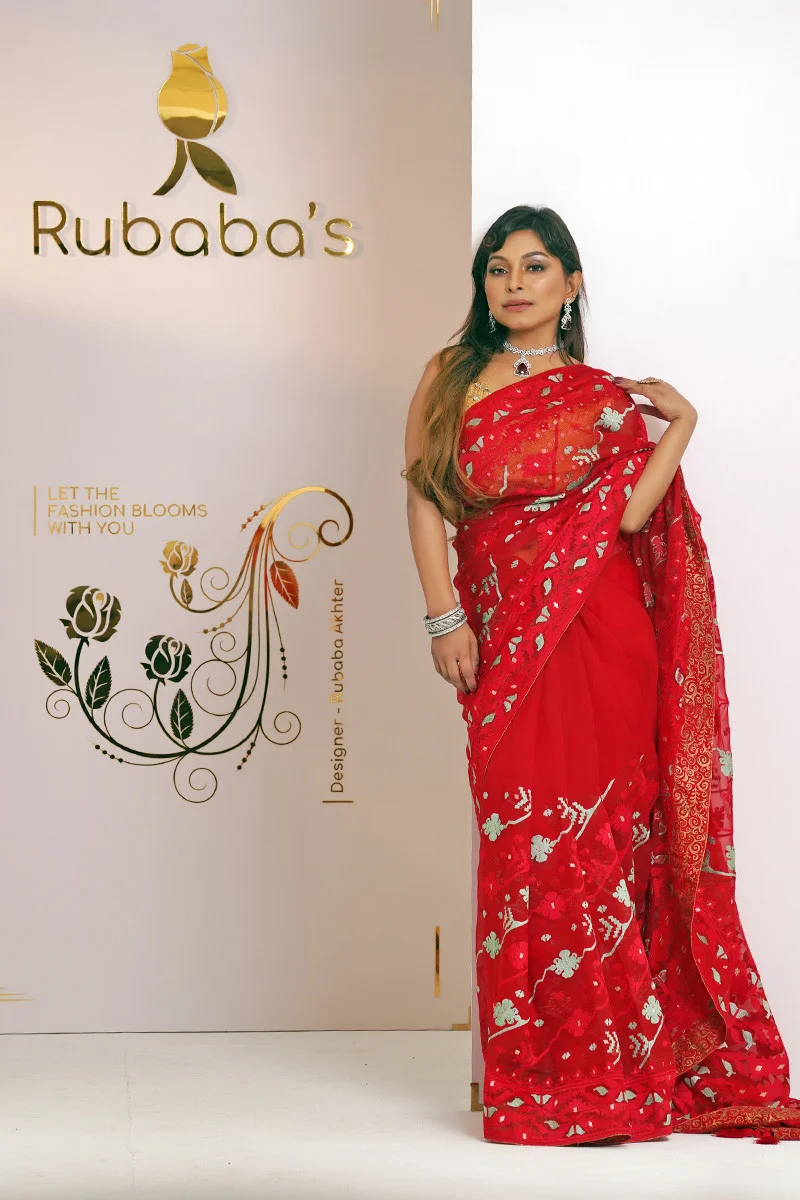 Rubaba's REM2425 Red Embroidered Muslin Saree Collection 2024