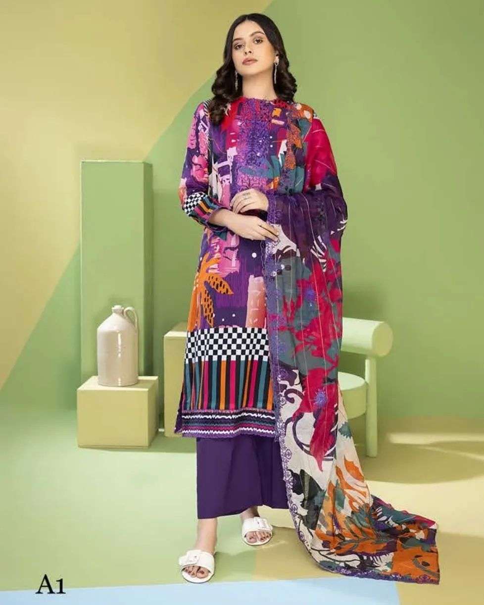 Mahajal purple mix printed embroidered 3pc available in Shelai