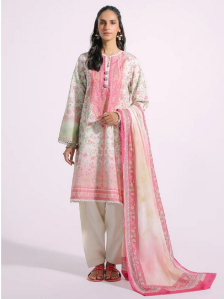 Ethnic E0214 Antique White Color Printed Lawn Dress with Printed Lawn Dupatta