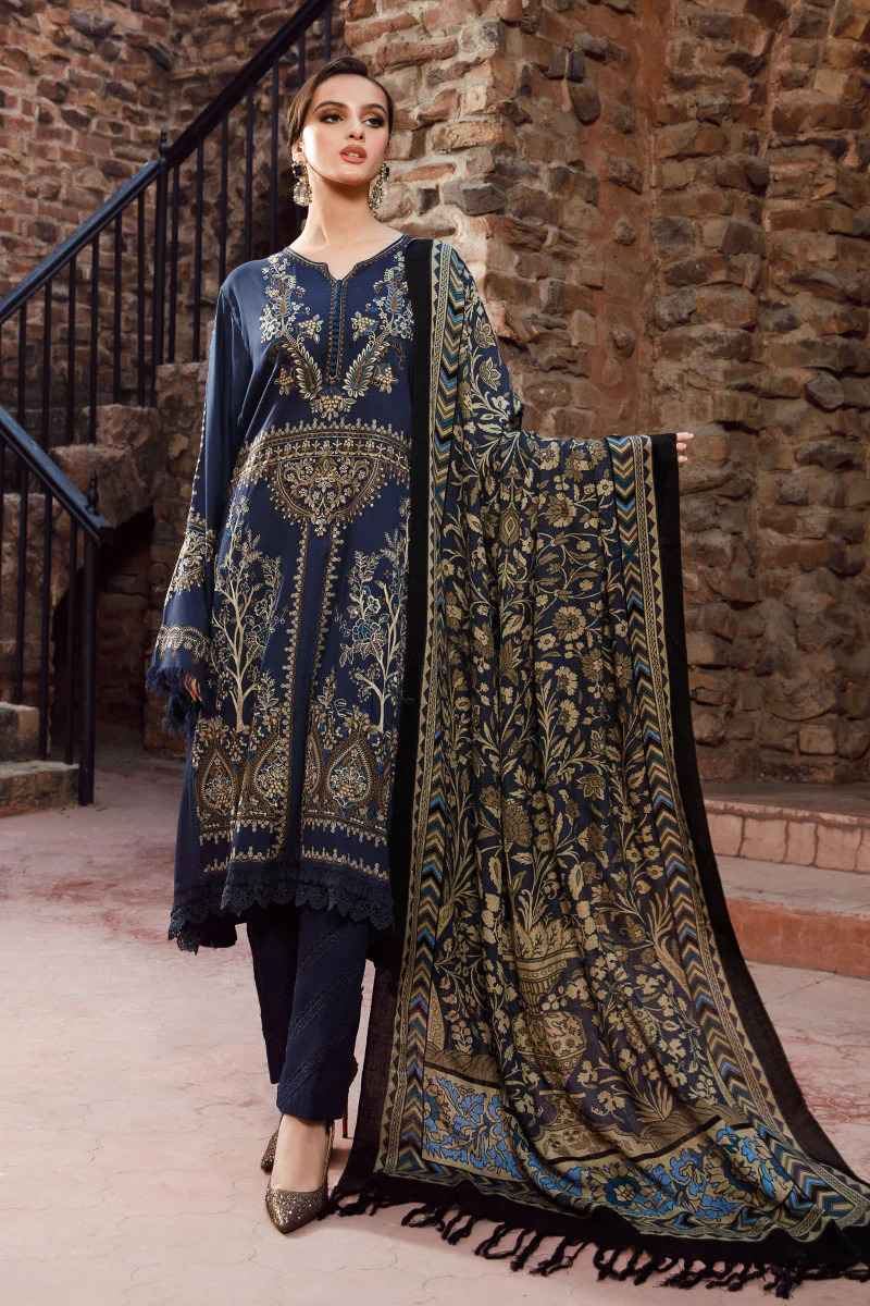 Maria B deep navy blue unstitched embroidered Shawls 3PC in BD 6A
