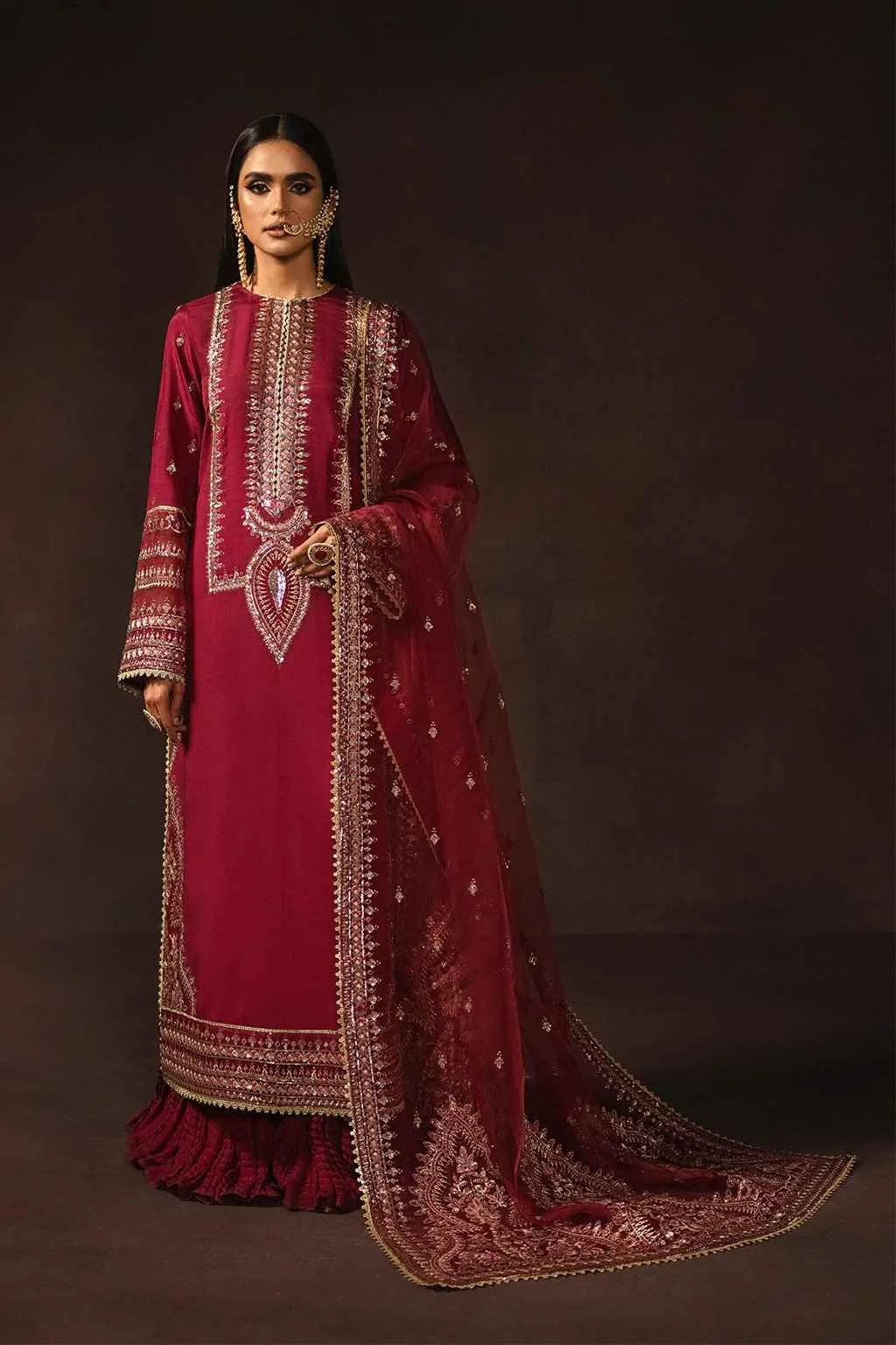 Roshan Divani Afrozeh's sangria red silk 3 pices get from Shelai