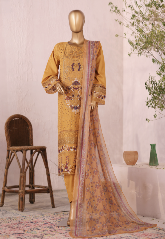 Bin Saeed Stitched Exclusive Plain Cotton 3 Piece | M.Yellow