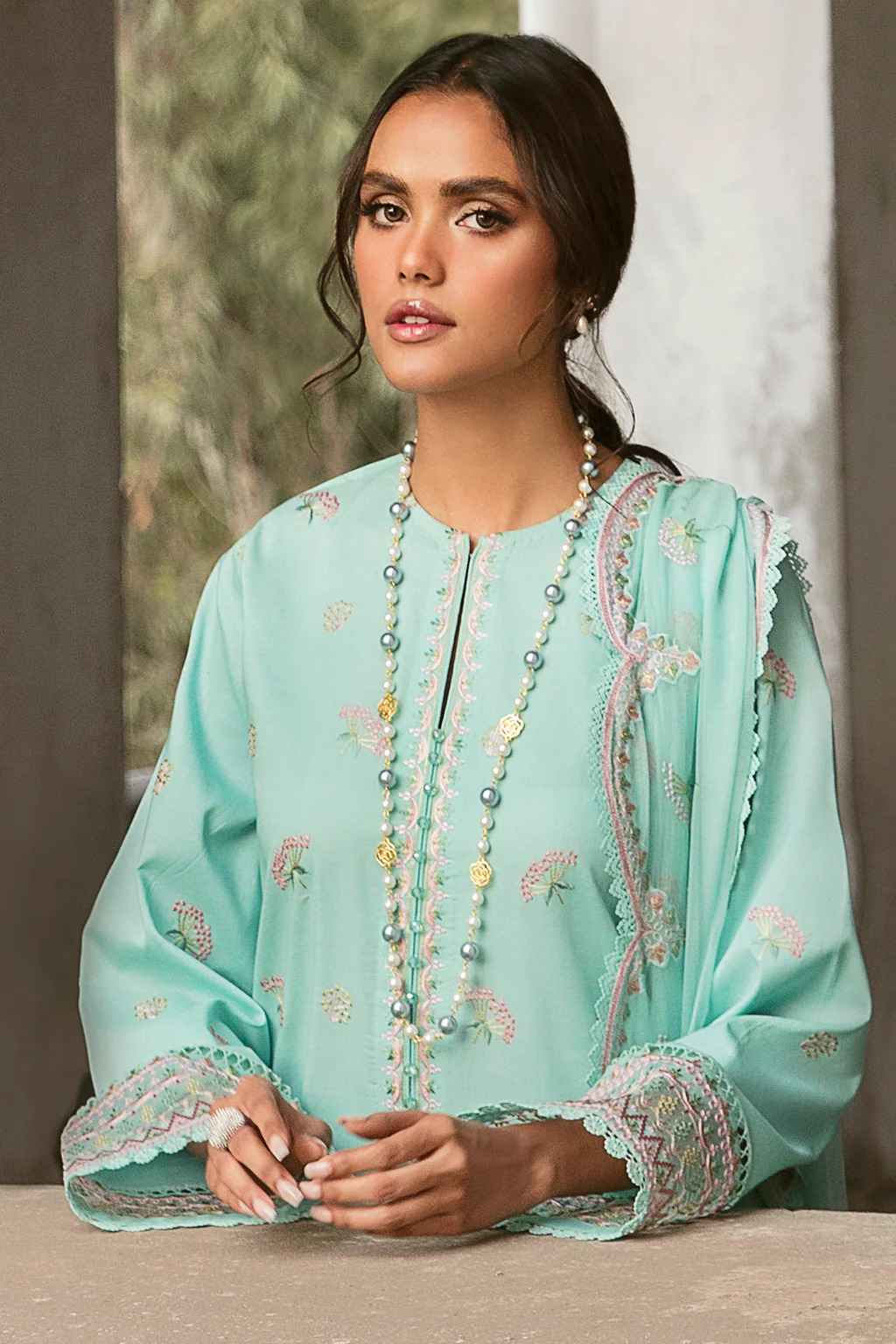 CRYSTAL CYAN LAMHAY luxury lawn D-434 3 pcs by Afrozeh at Shelai