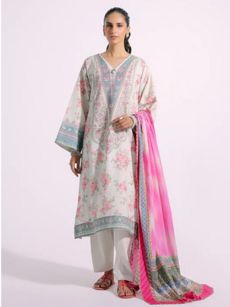 Ethnic E0224 Mushroom Color Printed Lawn Dress with Printed Lawn Dupatta