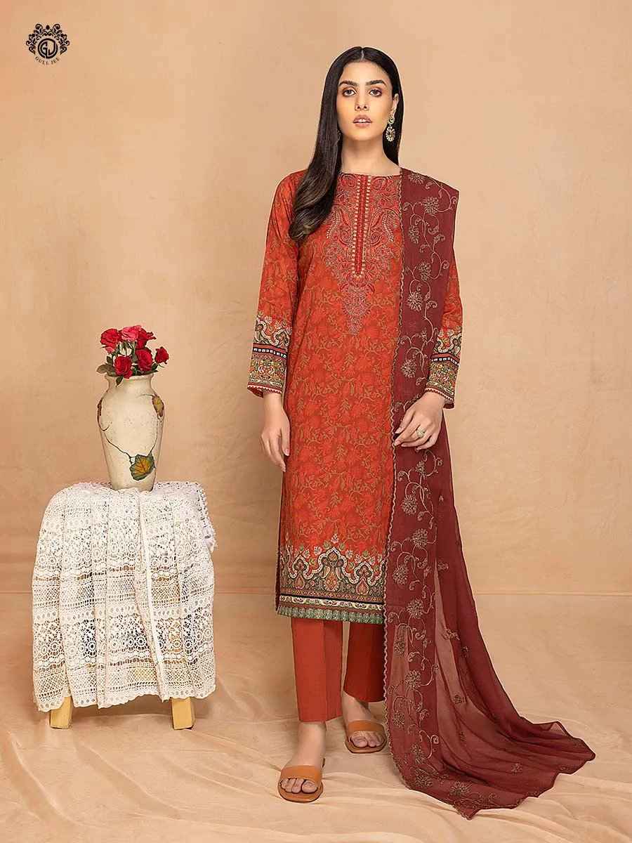 Tehzeeb carmine red embroidered 3 pieces available in Shelai