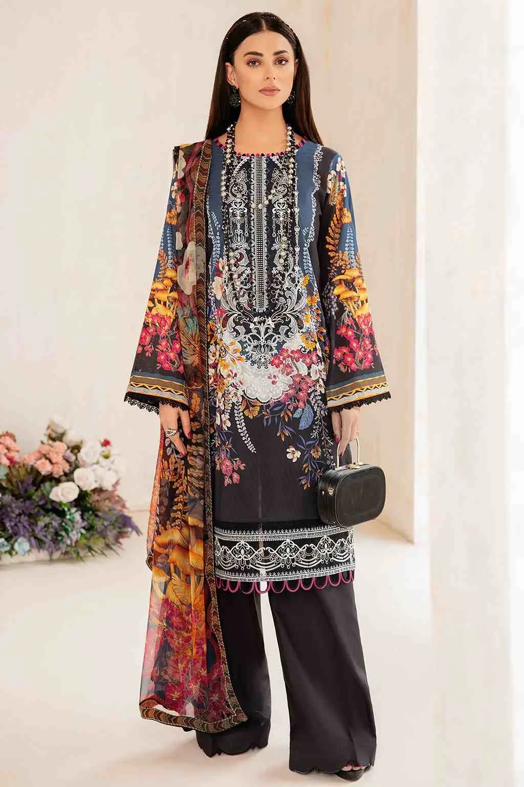 Rangrez Ramsha black mix luxury lawn vol-3 3pc N-303 at Shelai