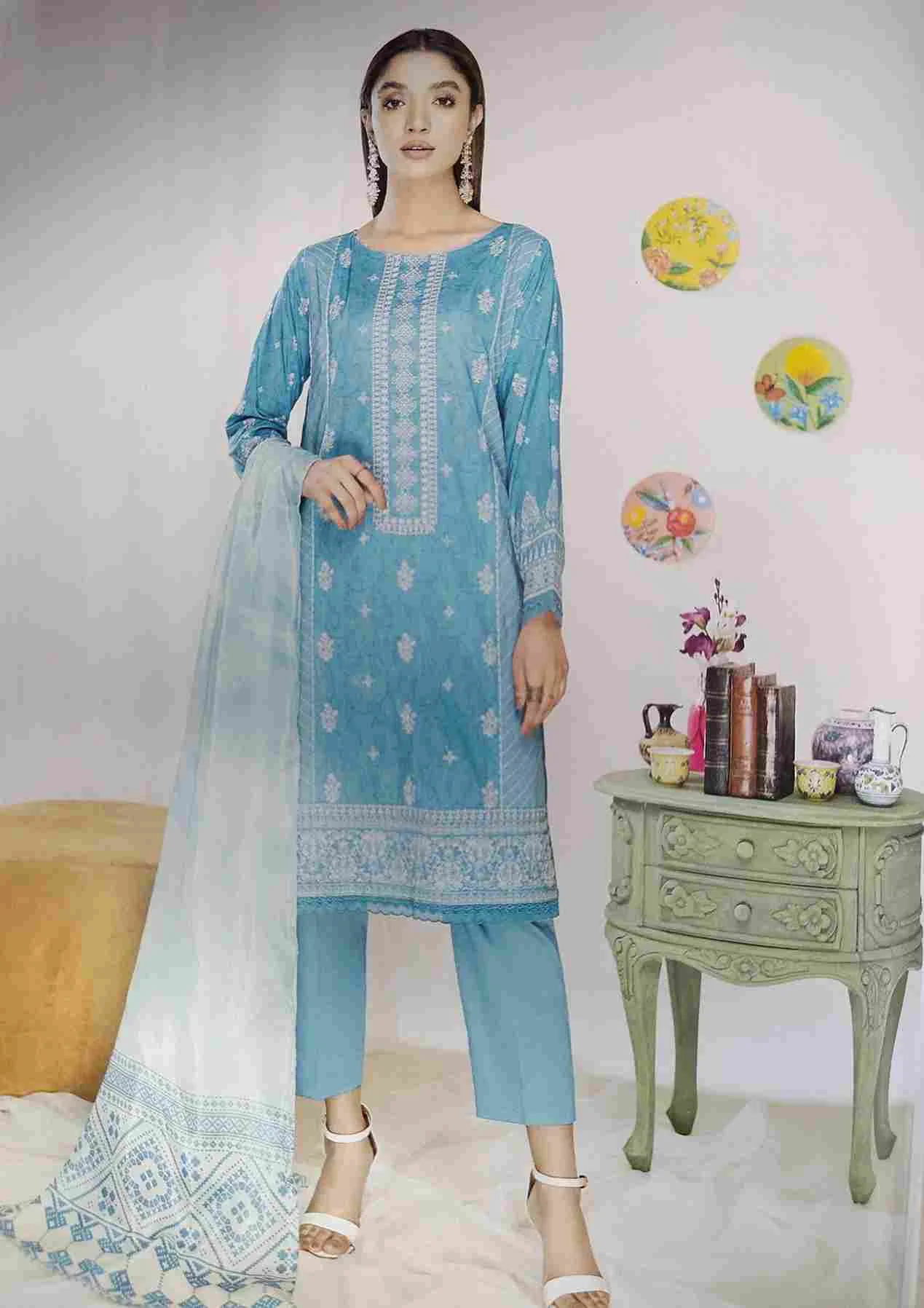 Mishaal sky mix embroidered 3 pieces available in Shelai