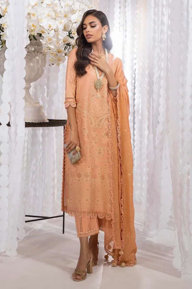 Sana Safinaz salmon red embroidered 3 pieces available in Shelai