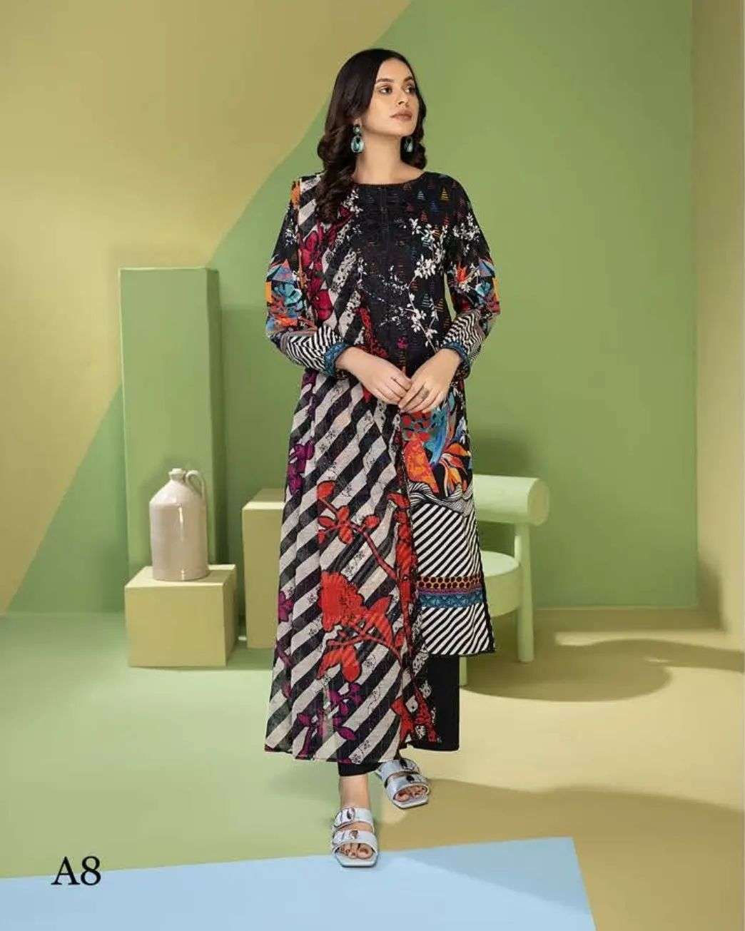 Mahajal black mix printed embroidered 3pc available in Shelai