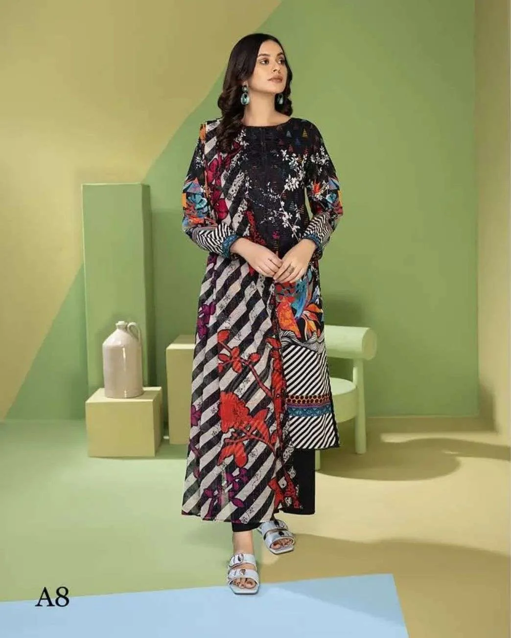 Mahajal black mix printed embroidered 3pc available in Shelai