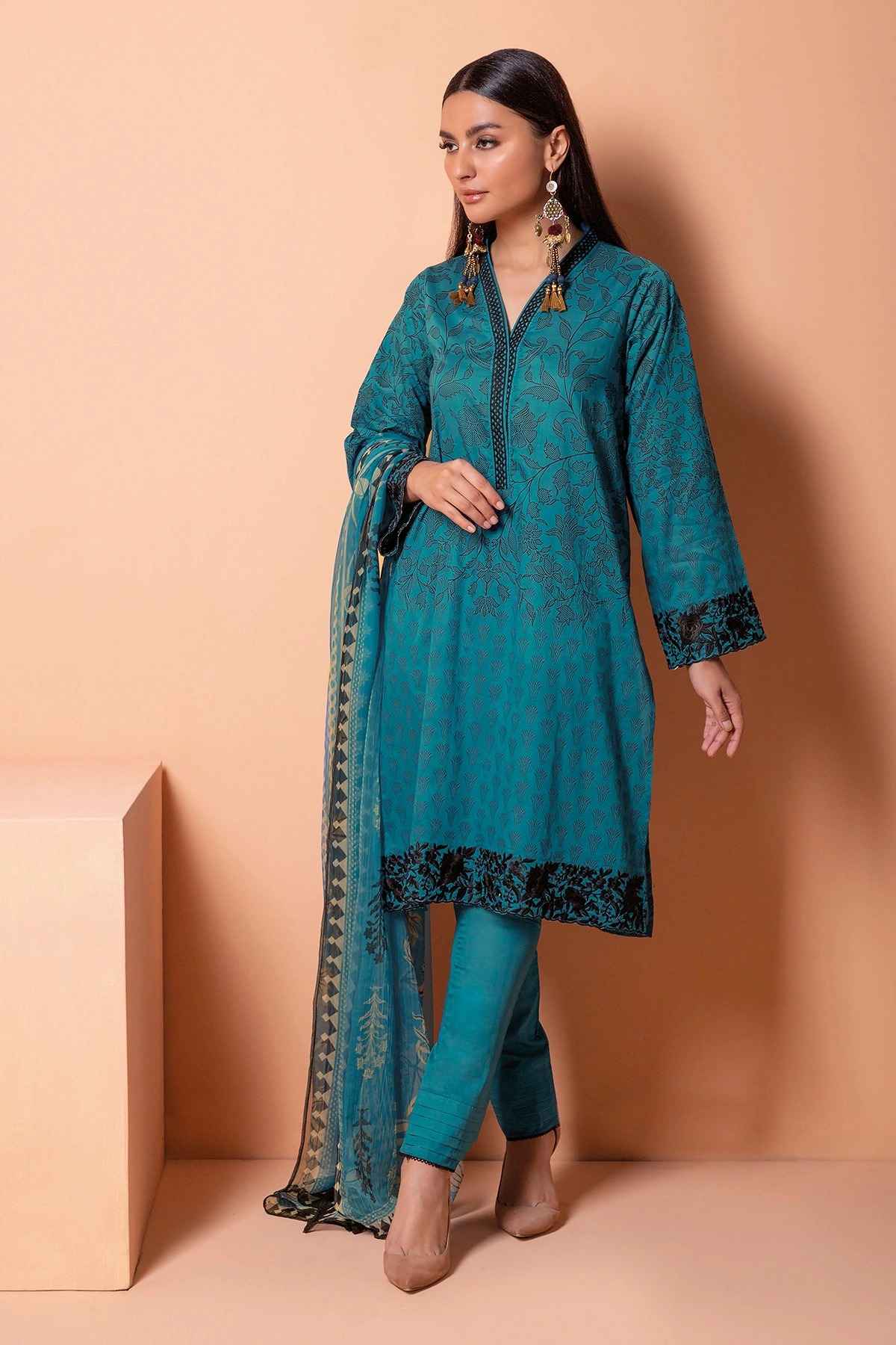 Khaadi fabrics printed blue BLA22205A 3 piece suit at Shelai