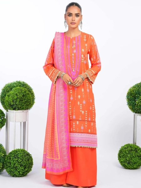 Alkaram Studio SS-40.1-23-2-Orange 2 Pc Embroidered Lawn Suit With Cotton Net Dupatta