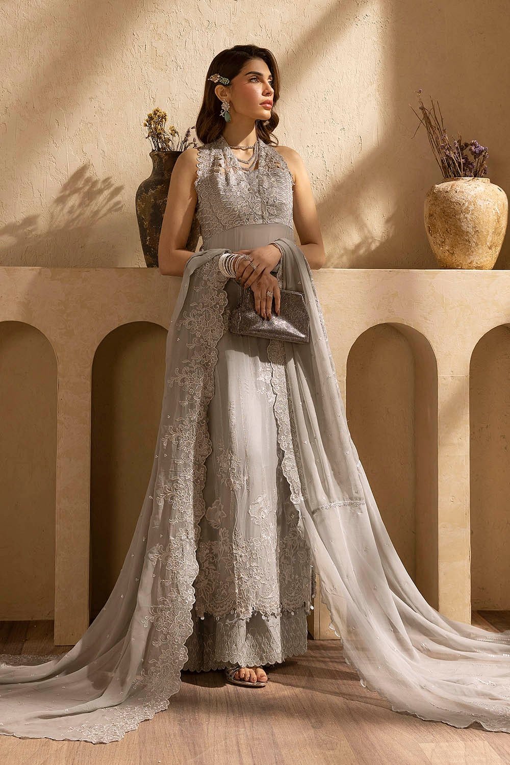 3 Piece Unstitched Embroidered Chiffon Suit with Zari and Sequins Embroidered Chiffon Dupatta LE-52015