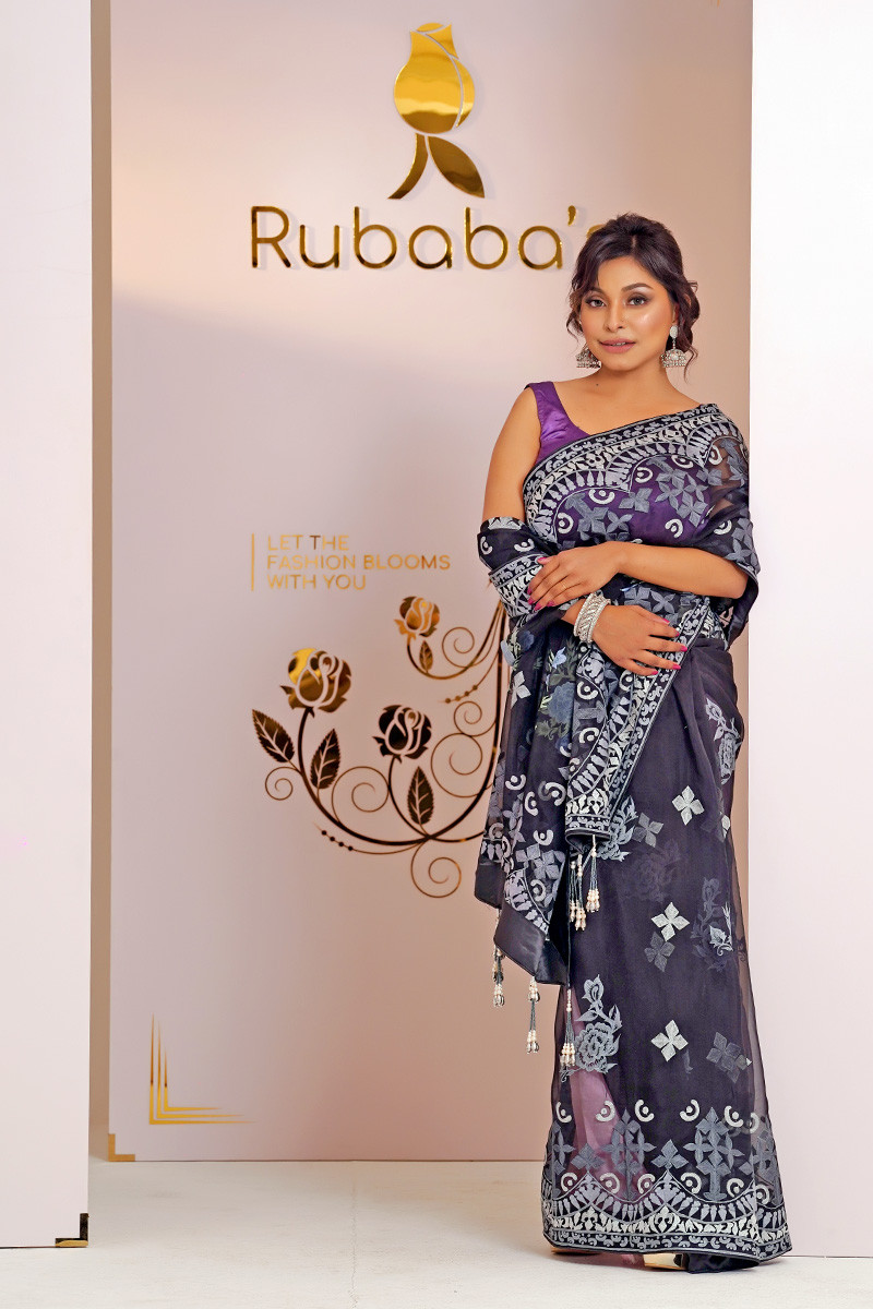 Rubaba's REM2417 Black Embroidered Muslin Saree Collection 2024