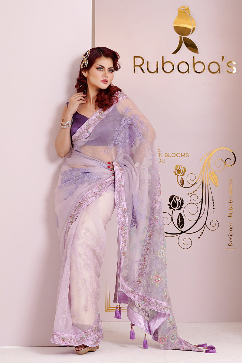 Rubaba's REM2401 light purple Embroidered Muslin Saree Collection 2024