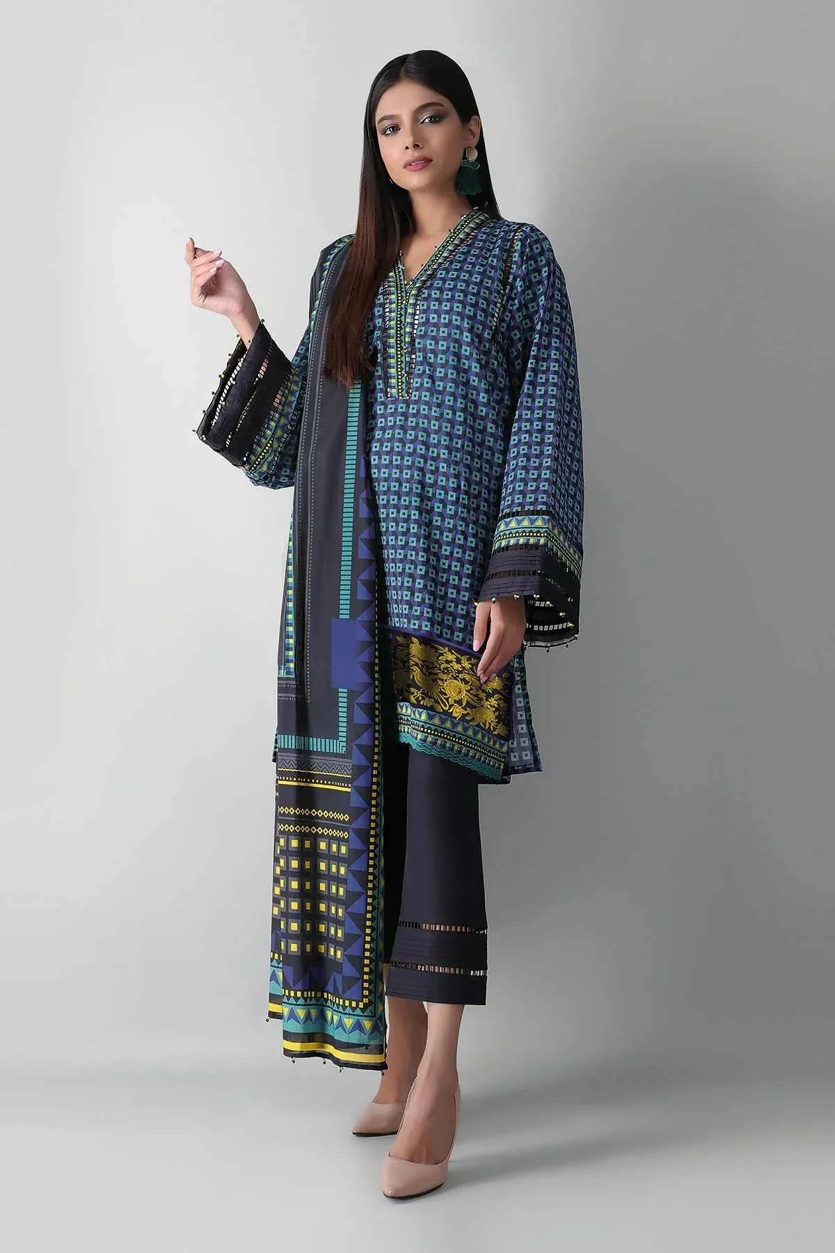 Khaadi premium blue printed B21326A 3 pieces suit at Shelai