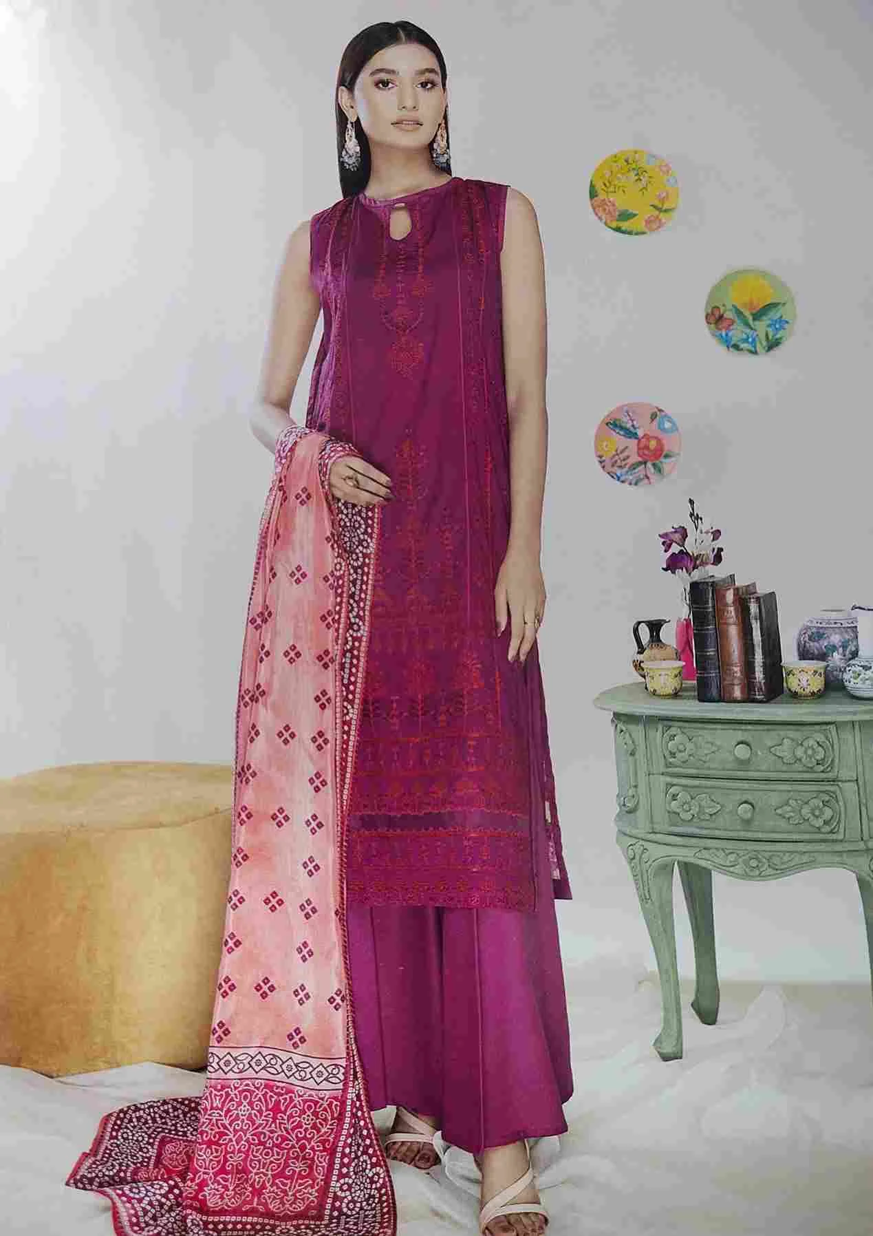 Mishaal magenta embroidered 3 piece available in Shelai