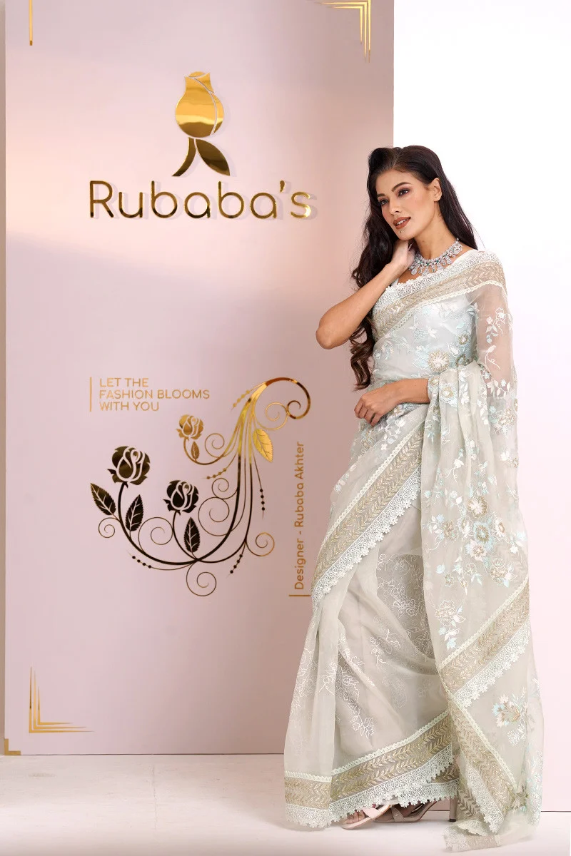 Rubaba's REM2413 Ivory Embroidered Muslin Saree Collection 2024