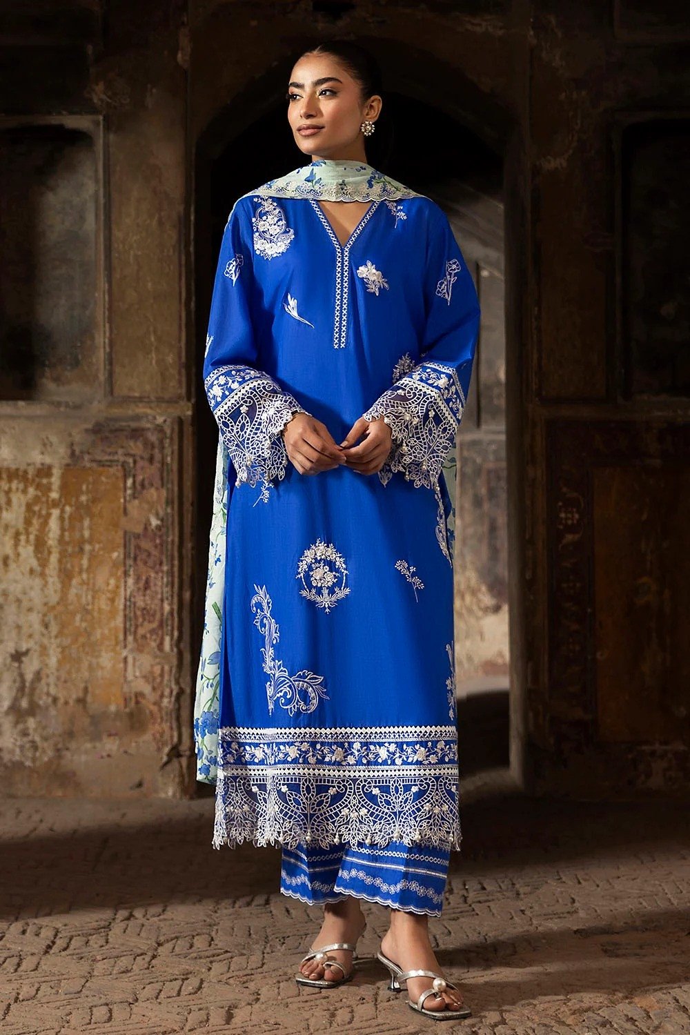 GulAhmed Embroidered Lawn Suit with Embroidered Printed Denting Dupatta and Embroidered Trouser Border | SHELAI26081563