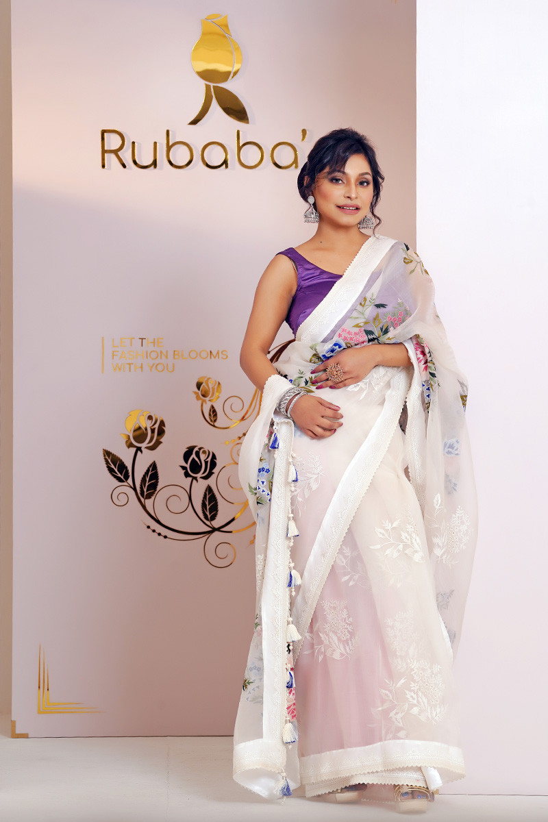 Rubaba's REM2420 Pearl White Embroidered Muslin Saree Collection 2024