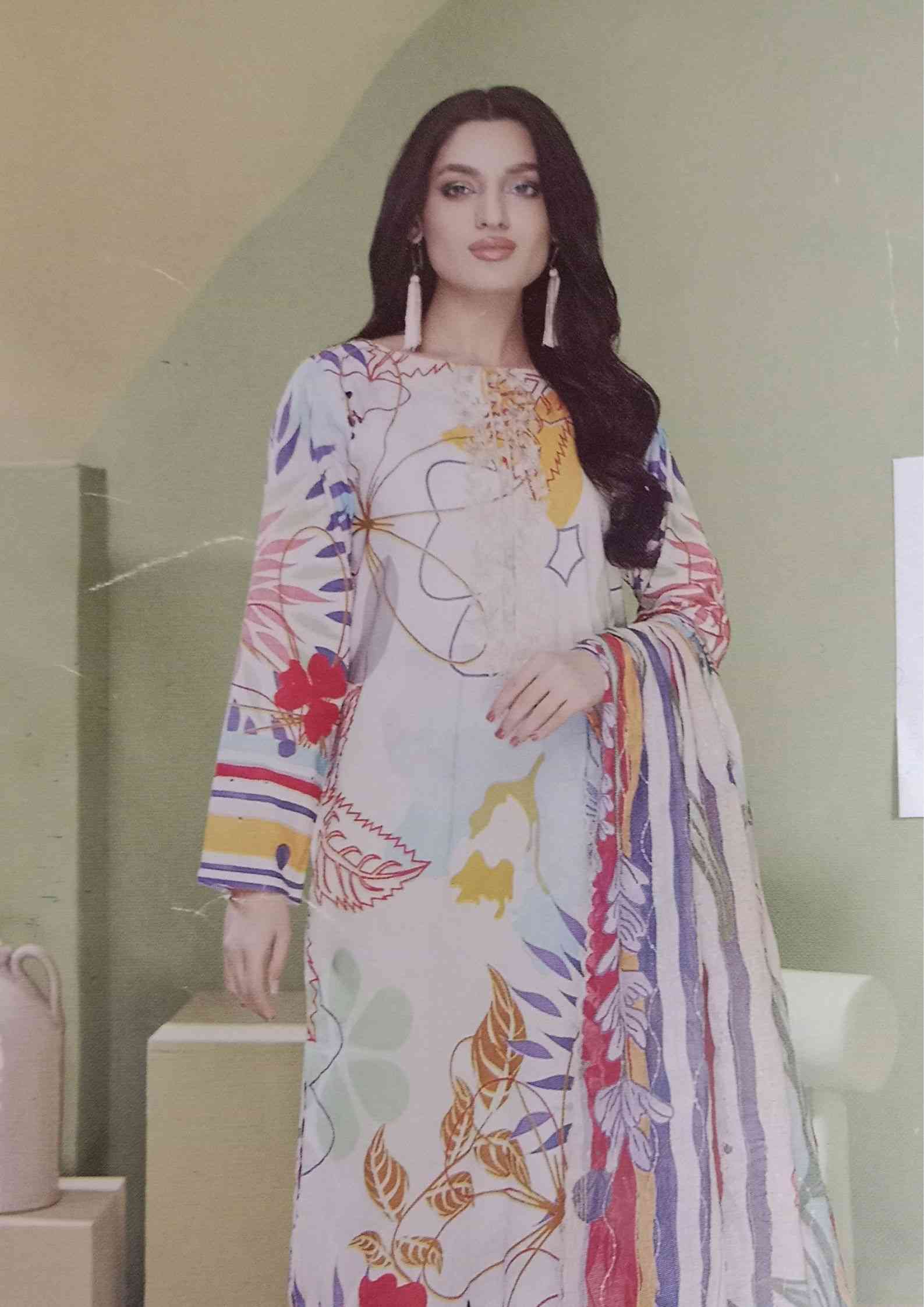 Mahajal off white multi color printed 3pieces available in Shelai