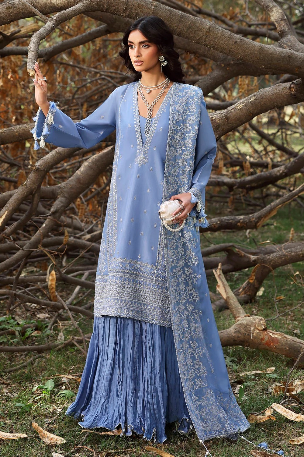 Gul Ahmed Raw Silk Suit with Embroidered Chiffon Dupatta | SHELAI26081591