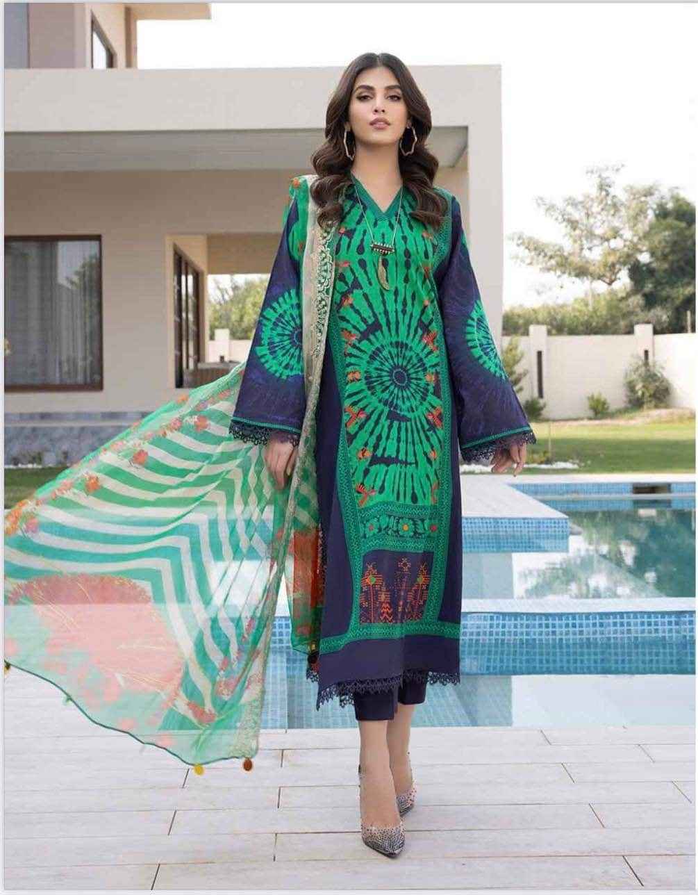 Charizma parrot green printed embroidered 3pc available in Shelai