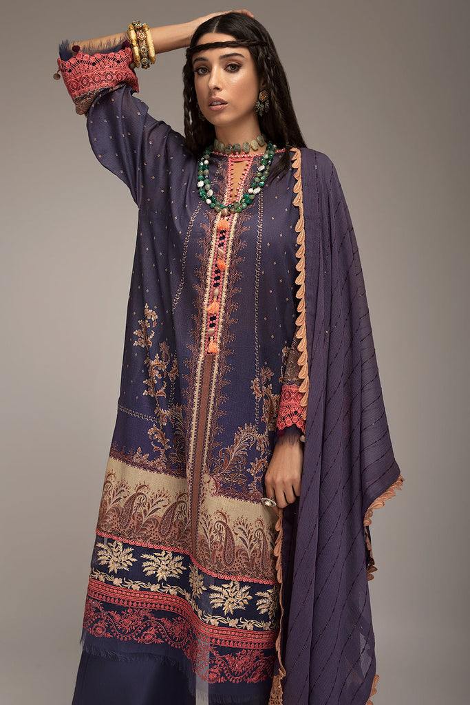 Sobia nazir navy blue SN Prints 5A embroidered 3 piece at Shelai