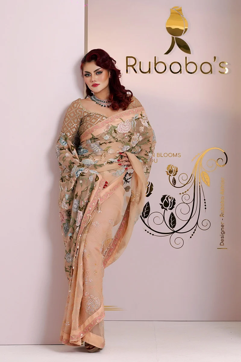 Rubaba's REM2422 Peach Embroidered Muslin Saree Collection 2024