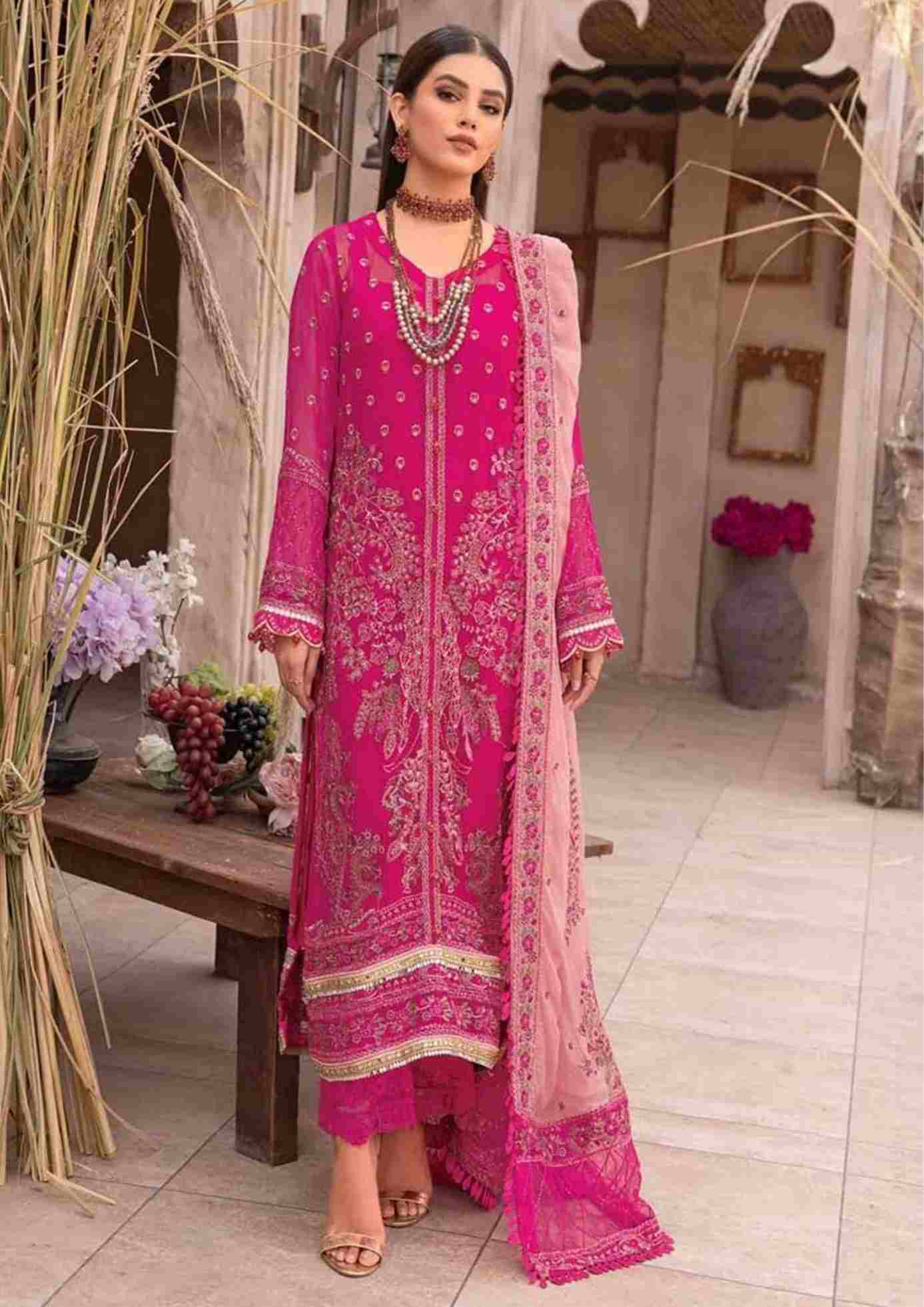 Johra bright pink gold luxury chiffon collection 3 piece JH-529